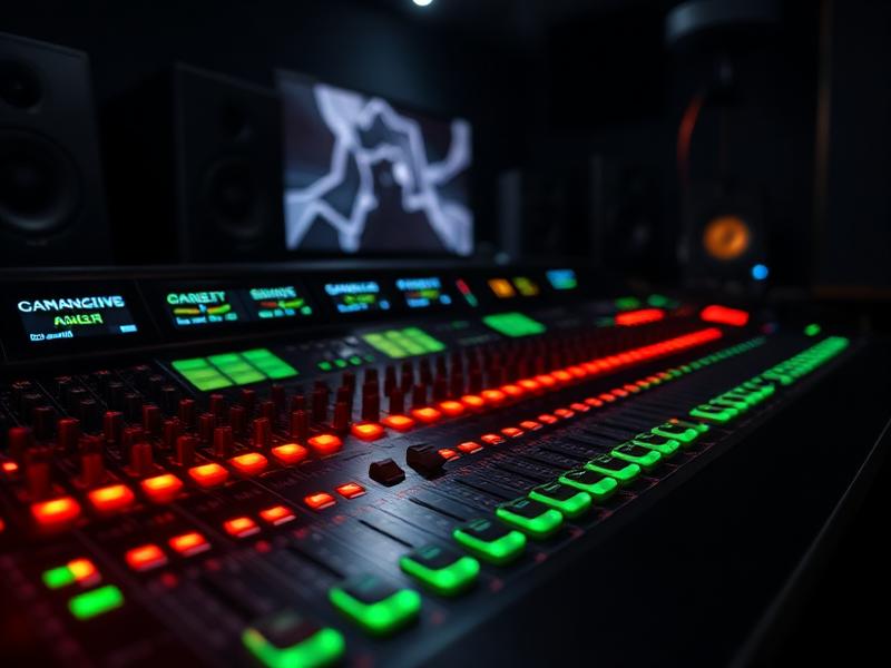 Professional audio mixing console with glowing faders in a dark studio setting